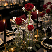 Red roses in clear apothecary bottles on an elegant black-tie tablescape - thumbnail number 3