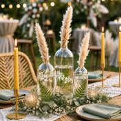 Pampas grass in apothecary glass bottles on a boho tablescape - thumbnail number 5