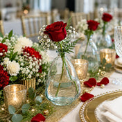 4.5" teardrop glass bottle with red rose and baby's breath on a decorated table - thumbnail number 6