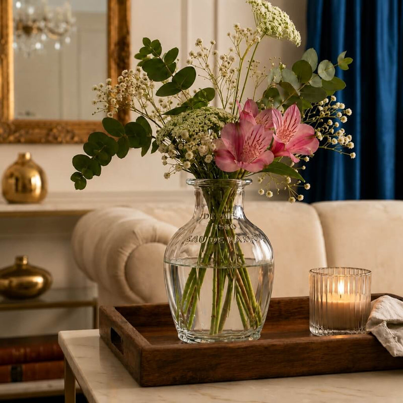 Flowers in a glass bottle and a lit candle on a wooden tray - thumbnail number 6