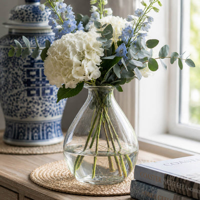 Opal Vase with hydrangeas and blue flowers beside a ginger jar and books - thumbnail number 7