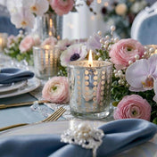 Pink and blue tablescape with silver dotted glass candle holder - thumbnail number 4