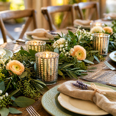 Silver dotted glass votive holders with flowers on rustic dining table - thumbnail number 5