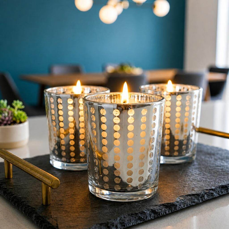 Silver Dotted Glass Holder set with glowing votive candles on black tray - thumbnail number 7