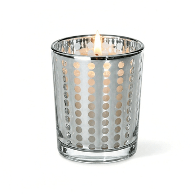 Silver dotted mercury glass candle holder with glowing votive candle - thumbnail number 3