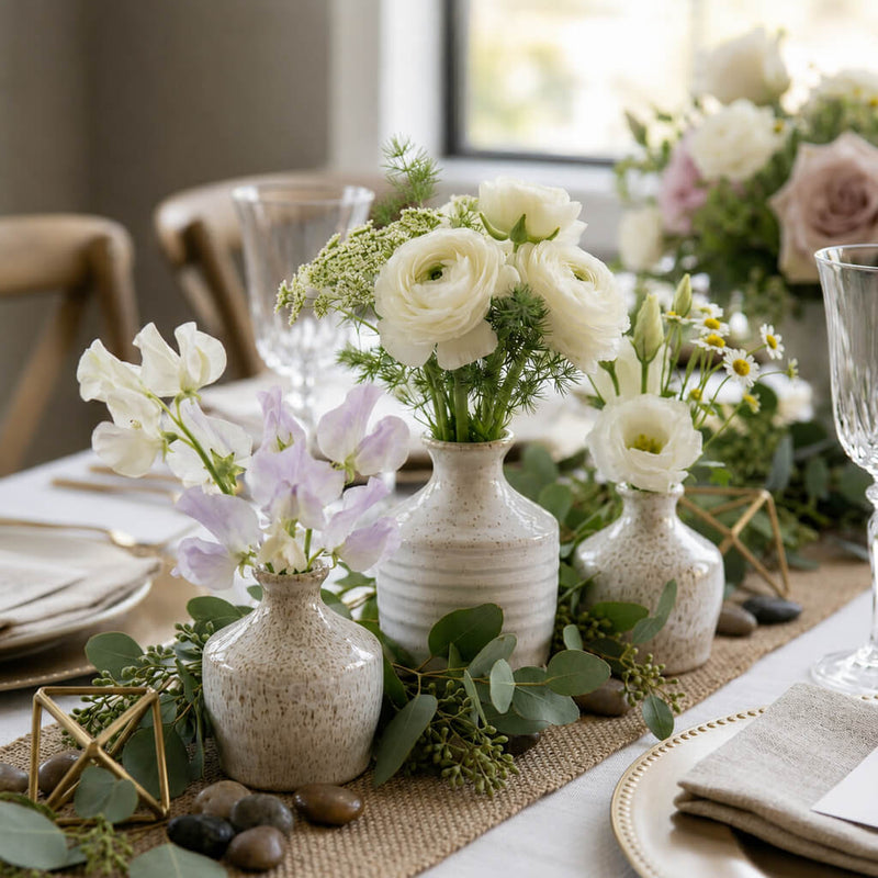 Speckled bud vases with white flowers on a tablescape - thumbnail number 2