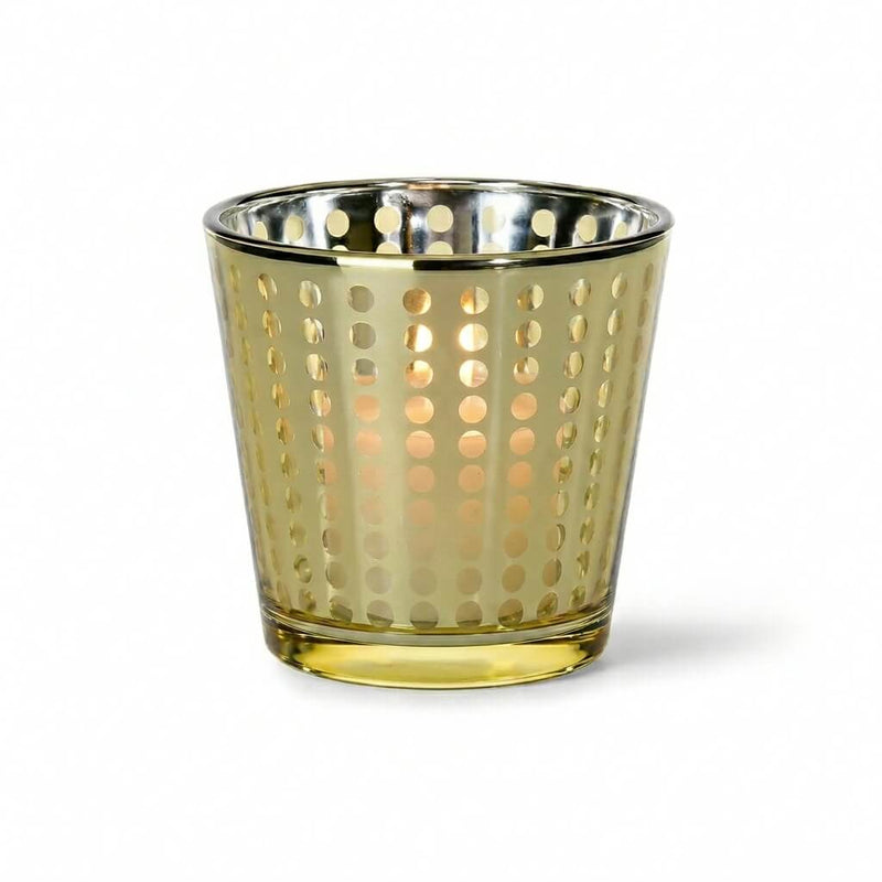 Glowing gold glass dotted votive holder isolated on a white background - thumbnail number 3