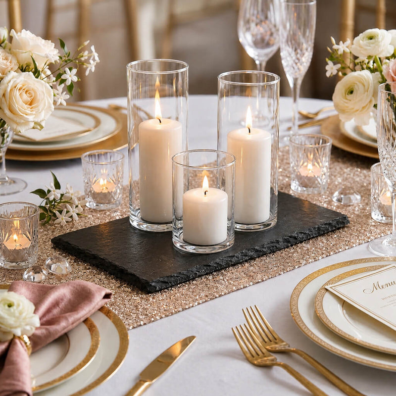 Three white pillar candles in glass cylinders on a rectangular black slate coaster - thumbnail number 6
