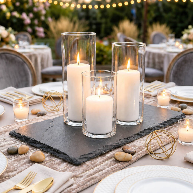 Three white candles in glass on a Rectangle Natural Slate Coaster - thumbnail number 7