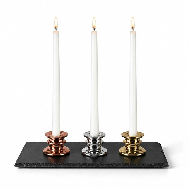 Three lit taper candles in metallic holders on a Rectangle Natural Slate Coaster - thumbnail number 5