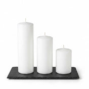 Three white pillar candles staggered on a rectangle natural slate coaster - thumbnail number 2
