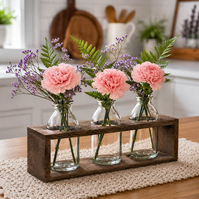 Vintage Milk Bottle Vases With Wooden Stand featuring pink carnations - thumbnail number 9