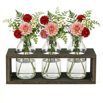 Vintage Milk Bottle Vases With Wooden Stand featuring red and pink dahlias - thumbnail number 4