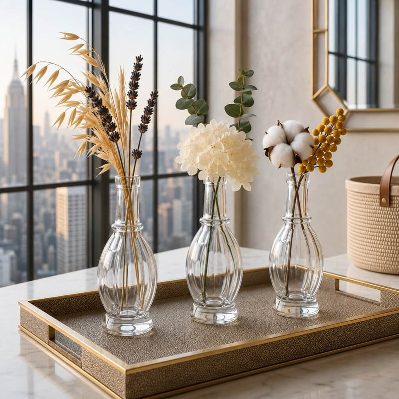 Three Vintage Bubble Bud Vases with assorted dried florals on a gold tray - thumbnail number 6