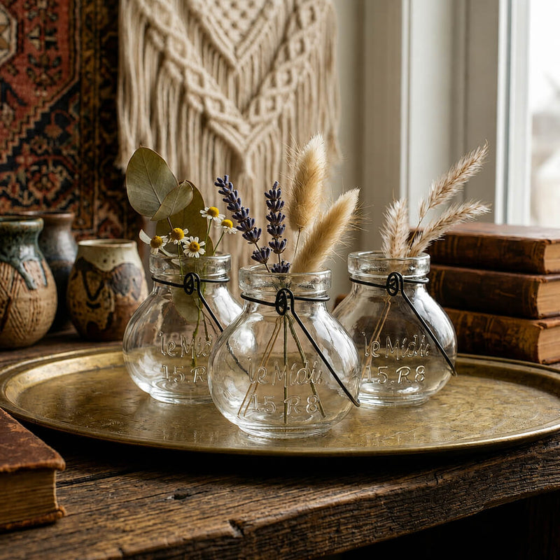 Vintage Jar Hanging Glass Vases with dried flowers on a brass tray - thumbnail number 7