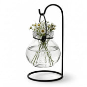 Vintage Jar Hanging Glass Vase with small white flowers on a black metal stand - thumbnail number 3