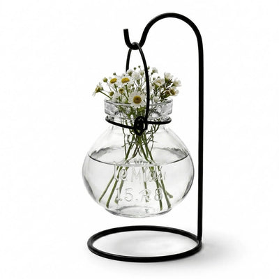 Vintage Jar Hanging Glass Vase with small white flowers on a black metal stand - thumbnail number 3