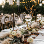 Floating tea lights in a Bubble Hanging Glass Vase on a boho outdoor tablescape - thumbnail number 6