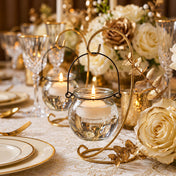 Bubble Hanging Glass Vase with a lit tea light on a gold luxury gala tablescape - thumbnail number 7