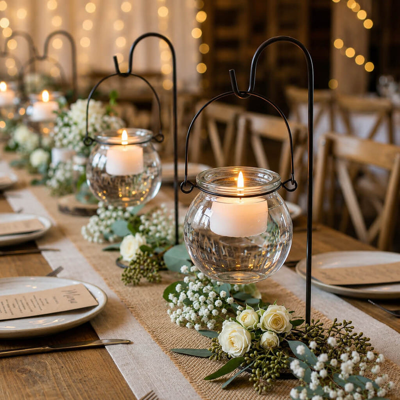 Lit tea lights in a Bubble Hanging Glass Vase on a rustic wedding table with white roses - thumbnail number 8