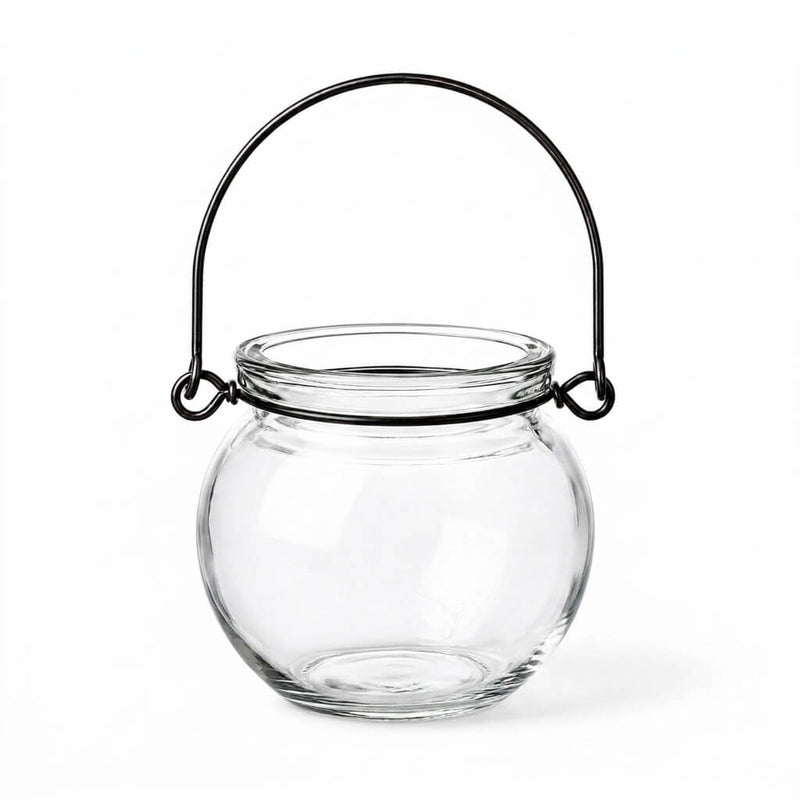 Empty Bubble Hanging Glass Vase with a black wire handle on a white background - thumbnail number 1