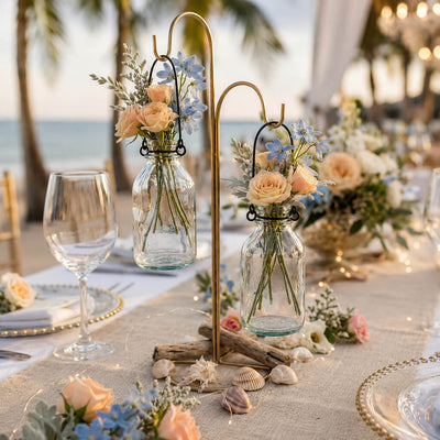 Vintage Bottle Hanging Glass Vases with floral centerpieces on a beach table - thumbnail number 7