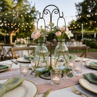 Vintage Bottle Hanging Glass Vases with floral centerpieces on a wedding table - thumbnail number 6
