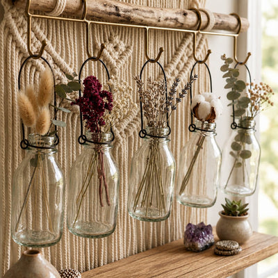 Vintage Bottle Hanging Glass Vases with dried flowers on a macrame wall display - thumbnail number 9