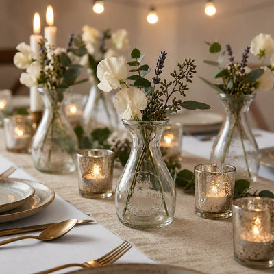Clear Teardrop Glass Bud Vase with spring flowers on a wedding table - thumbnail number 4