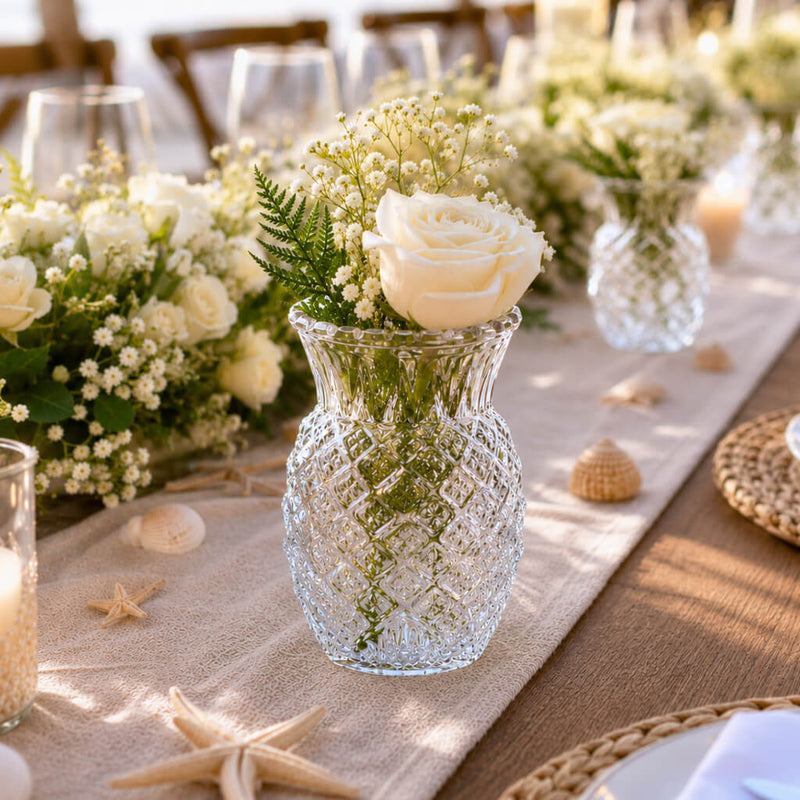 Clear Pineapple Glass Bud Vase with white roses on a coastal-themed tablescape - thumbnail number 3