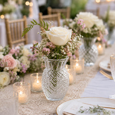 Clear Pineapple Glass Bud Vase with a white rose on a romantic wedding table - thumbnail number 5