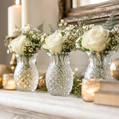 Clear Pineapple Glass Bud Vase set filled with white roses on a mantle - thumbnail number 6