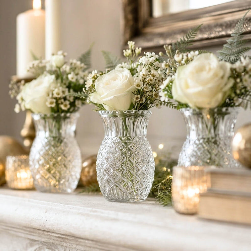 Clear Pineapple Glass Bud Vase set filled with white roses on a mantle - thumbnail number 6