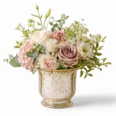 A Gold Mercury Venus Jar filled with a floral bouquet - thumbnail number 2