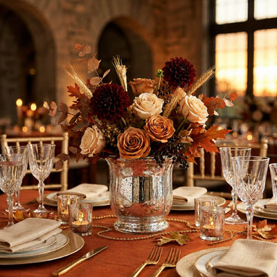 Silver Mercury Venus Jar with fall flowers on a tablescape - thumbnail number 4