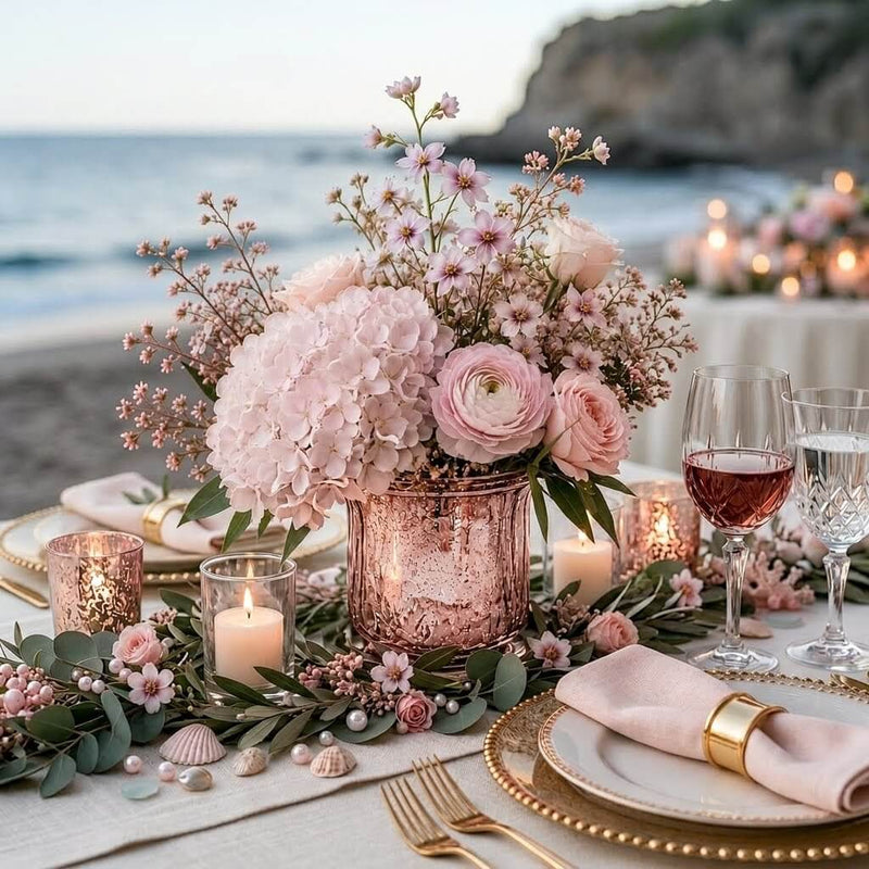 Mercury Venus Jar Rose Gold with pink flowers on a coastal tablescape - thumbnail number 3
