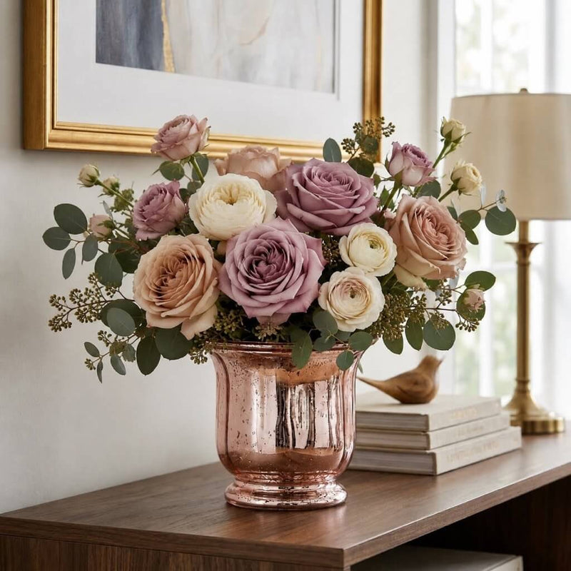 Mercury Venus Jar Rose Gold with a floral arrangement on a sideboard - thumbnail number 6