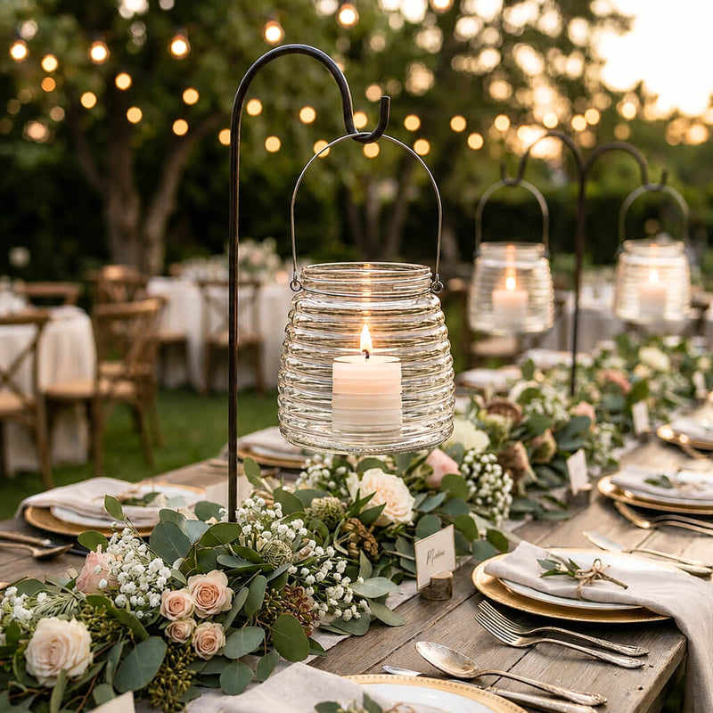 4.6" Hanging Horizontal Ribbed Glass Jar with Handle holding a candle on a garden table - thumbnail number 6