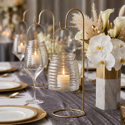 4.6" Hanging Horizontal Ribbed Glass Jar with Handle on a gold stand at a luxury gala tablescape - thumbnail number 5
