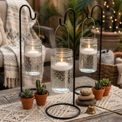 Three 7.5" Hanging Dotted Glass Jars with lit floating candles on stands - thumbnail number 10