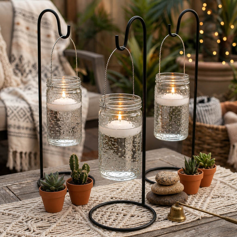 Three 7.5" Hanging Dotted Glass Jars with lit floating candles on stands - thumbnail number 10