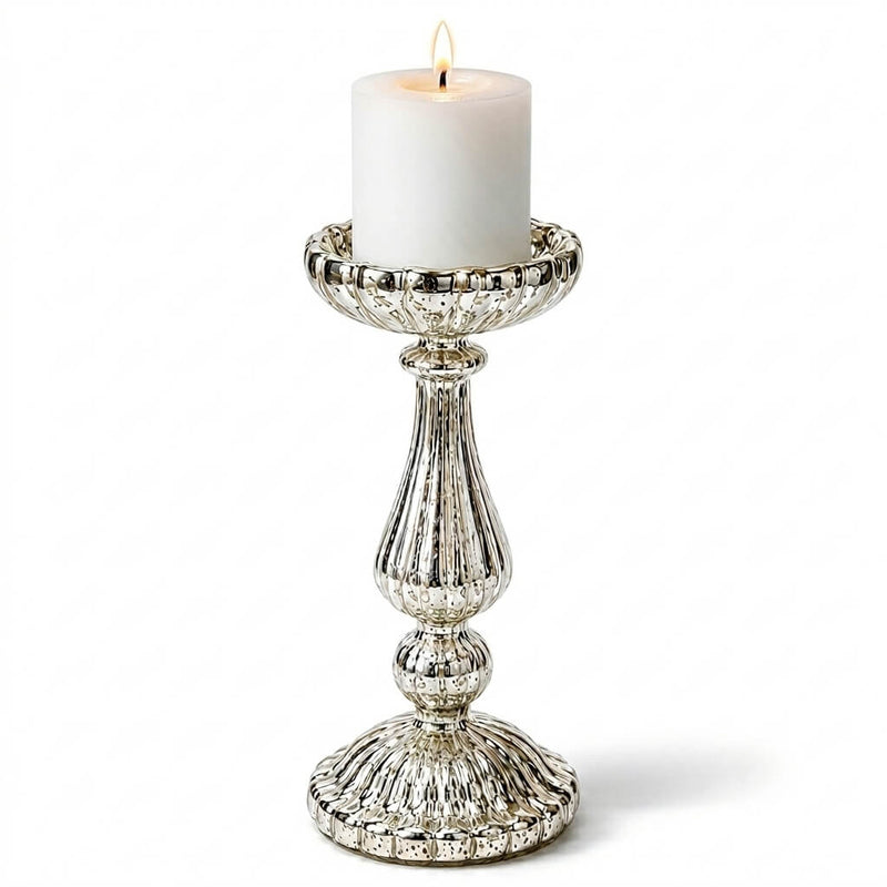 Richland 10" Ribbed Unique Mercury Glass Pillar Candle Holder - thumbnail number 3