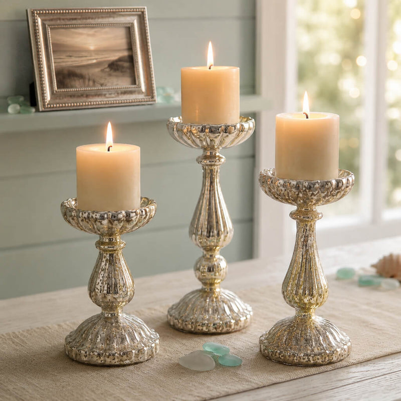 Richland Ribbed Unique Mercury Glass Pillar Candle Holder Set of 3 - thumbnail number 7