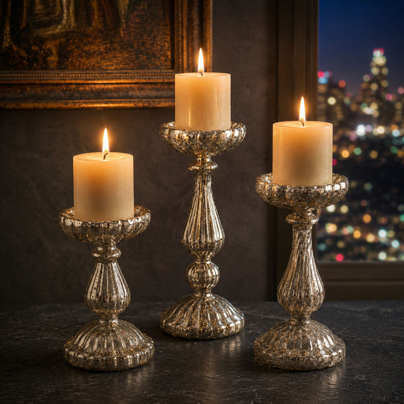 Richland Ribbed Unique Mercury Glass Pillar Candle Holder Set of 3 - thumbnail number 8