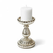 7" Ribbed Unique Mercury Glass Pillar Candle Holder holding an unlit white candle on white backdrop - thumbnail number 2