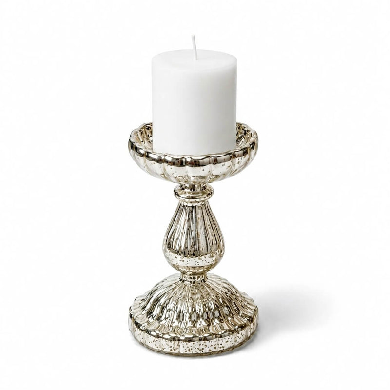 7" Ribbed Unique Mercury Glass Pillar Candle Holder holding an unlit white candle on white backdrop - thumbnail number 2