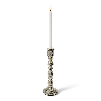 Lit white taper candle in a 13" Ribbed Unique Mercury Glass Taper Candle Holder - thumbnail number 3