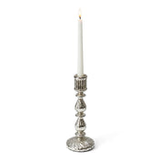 Lit white taper candle in a 9.6" Ribbed Unique Mercury Glass Taper Candle Holder - thumbnail number 3