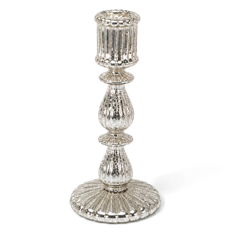 9.6" Ribbed Unique Mercury Glass Taper Candle Holder on a white background - thumbnail number 1