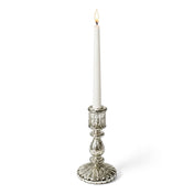 7" Ribbed Unique Mercury Glass Taper Candle Holder holding a single lit white candle - thumbnail number 3